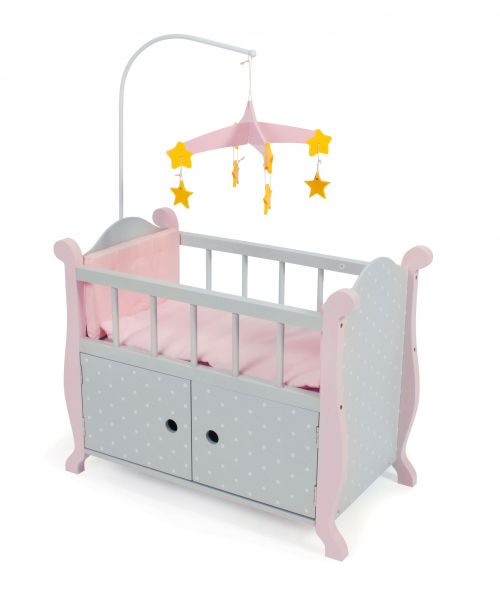 Puppen Bett mit Mobile Punkte grau / rosa 510.91
