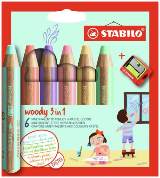 Stabilo Woody 3in1 Malstift 6x mit XXL-Spitzer Pastell