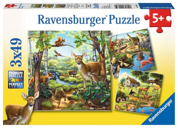 Puzzle 3x49 Teile Wald- Zoo- Haustiere